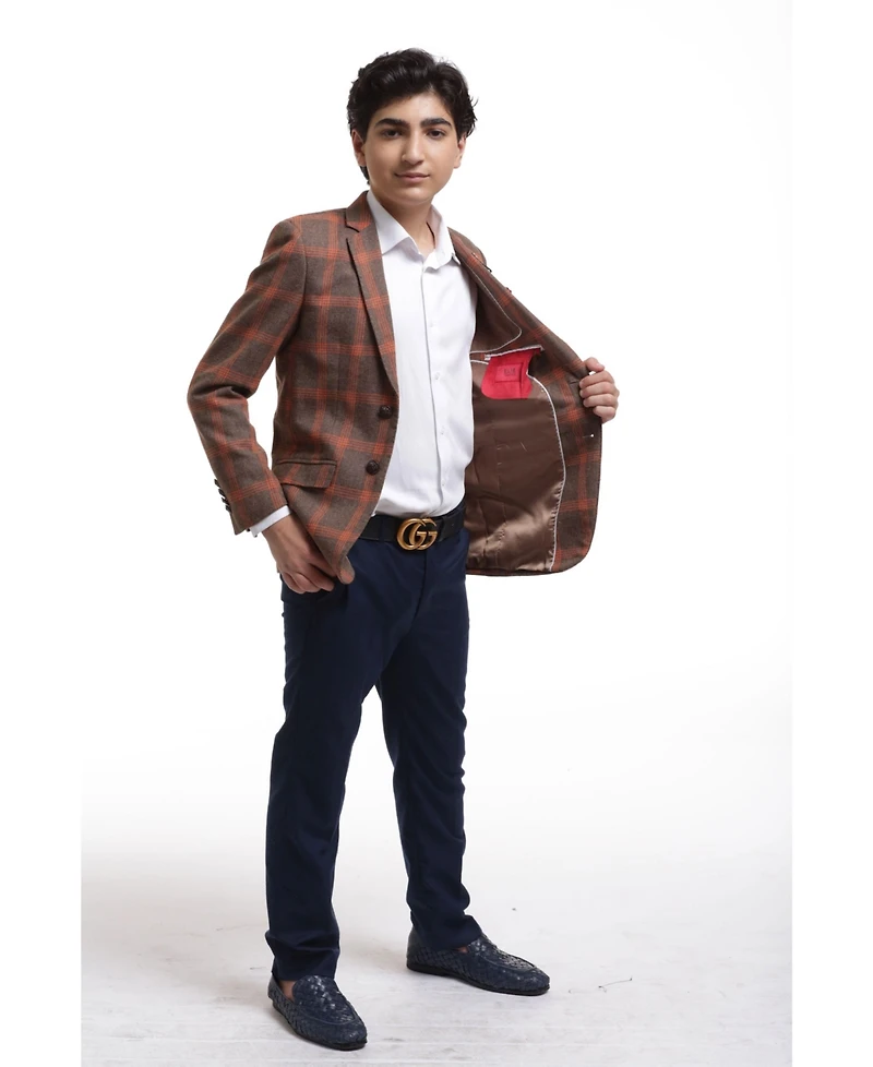 Elie Balleh Toddler Camel Slim Fit Premium Wool Checkered Blazer