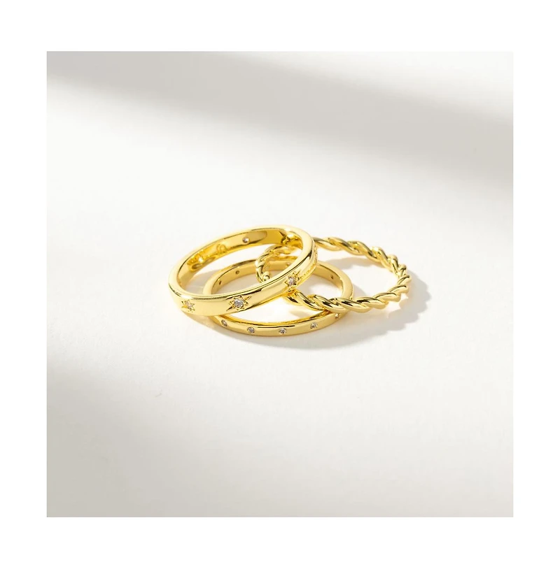 14k Gold-Plated Brass Cubic Zirconia Triad Ring, Set of 3