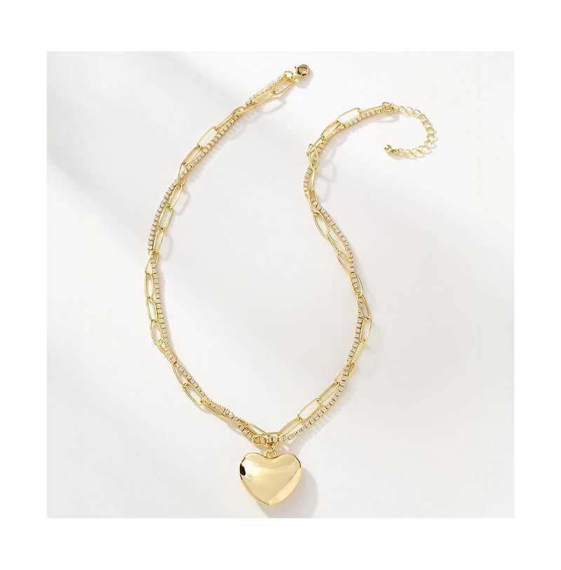 14k Gold-Plated Cubic Zirconia Intertwined Chain and Heart Necklace, 18" + 2" extender