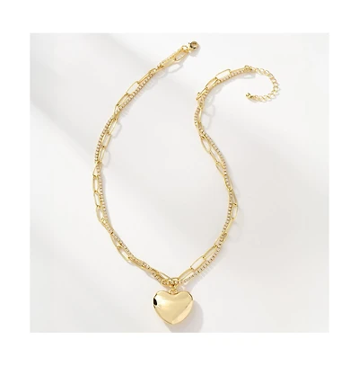 14k Gold-Plated Cubic Zirconia Intertwined Chain and Heart Necklace, 18" + 2" extender