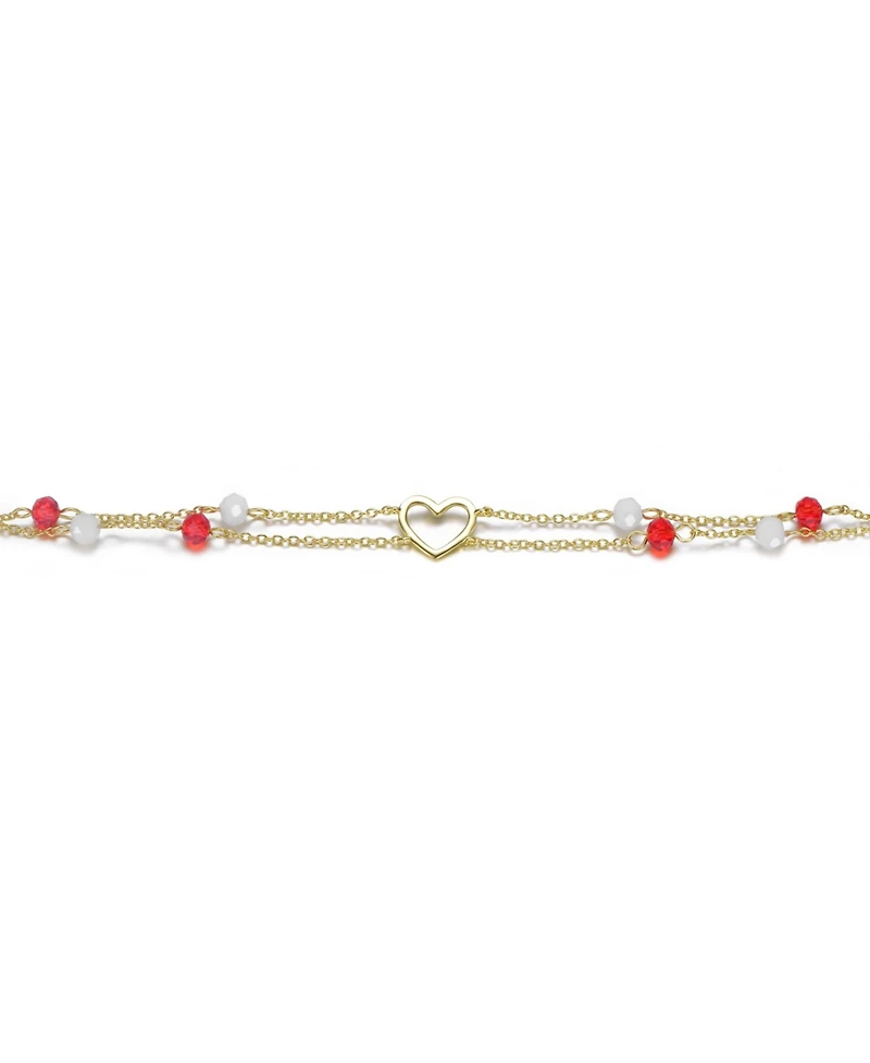 GiGiGirl 14K Gold-Plated with Red & White Beads Double Chain Open Heart Bracelet