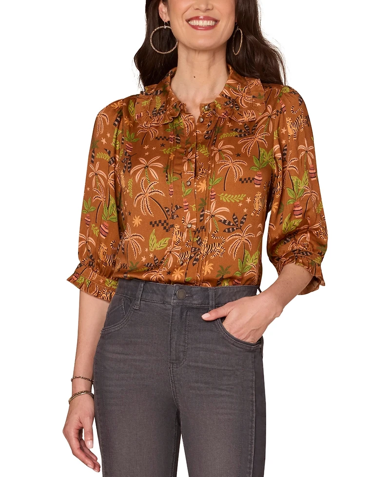 Democracy Petite Printed Ruffled Pintucked Top