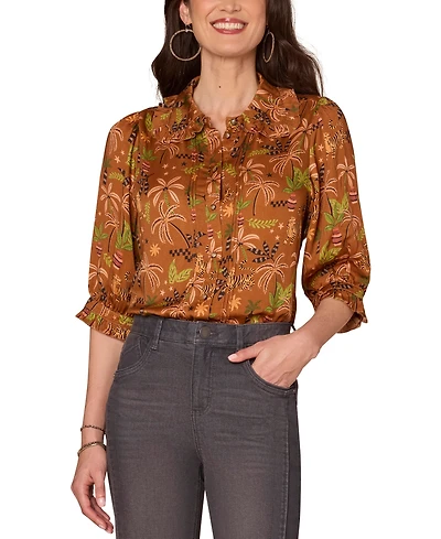 Democracy Petite Printed Ruffled Pintucked Top