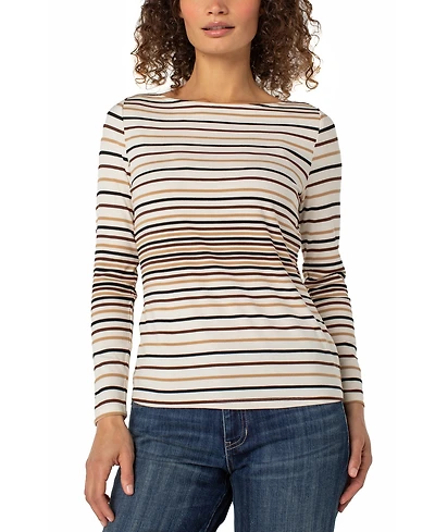 Liverpool Los Angeles Petite Striped Boat-Neck Top