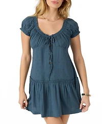O'Neill Juniors' Maggie Tie-Neck Short-Sleeves Mini Dress