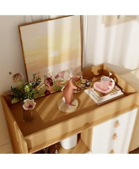 4-drawer nightstand with one door, wood and white wooden side table, end table with leather handles, appropriate for bedrooms, living rooms, and offic