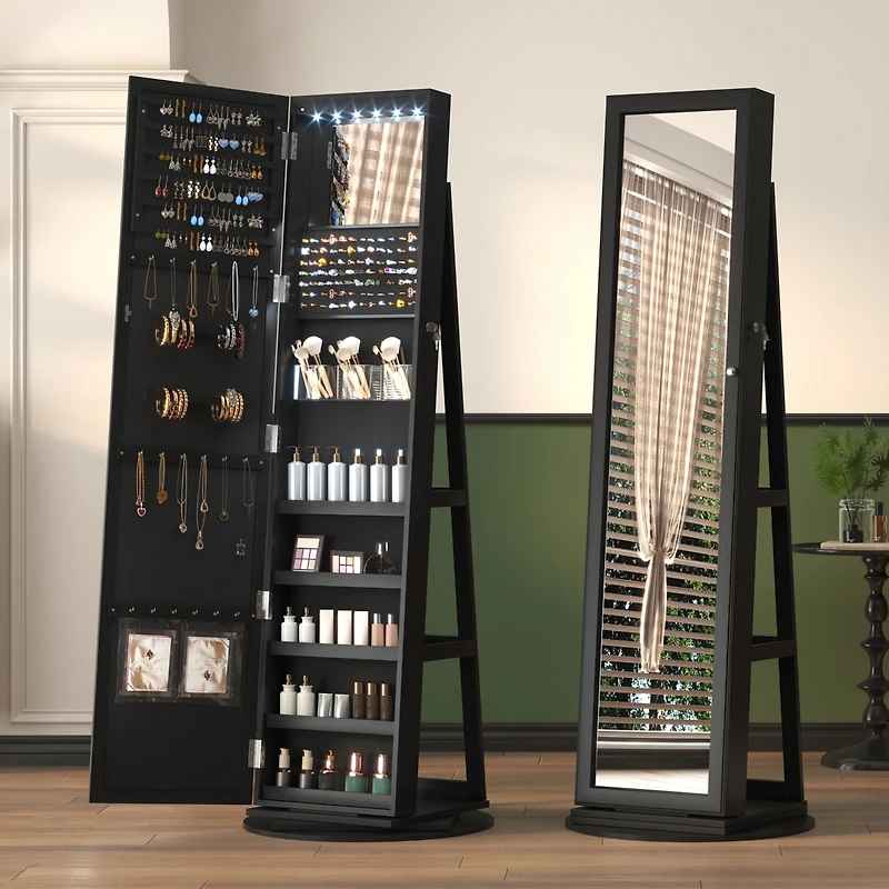 Vlsrka Rotatable full-length jewelry mirror cabinet with compartments and built-in Led lights.