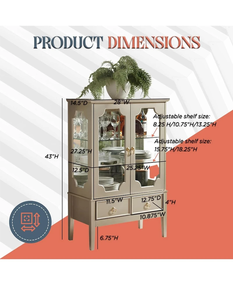 Kings Brand Furniture Curio Accent Storage Cabinet with Doors, Glass Shelves & Drawers