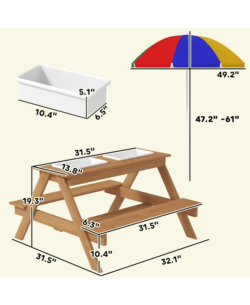 Qaba Kids Picnic Table, Wooden Outdoor Table & Bench Set with Umbrella