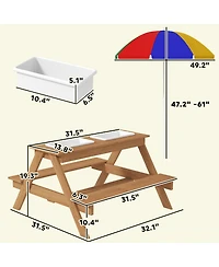 Qaba Kids Picnic Table, Wooden Outdoor Table & Bench Set with Umbrella