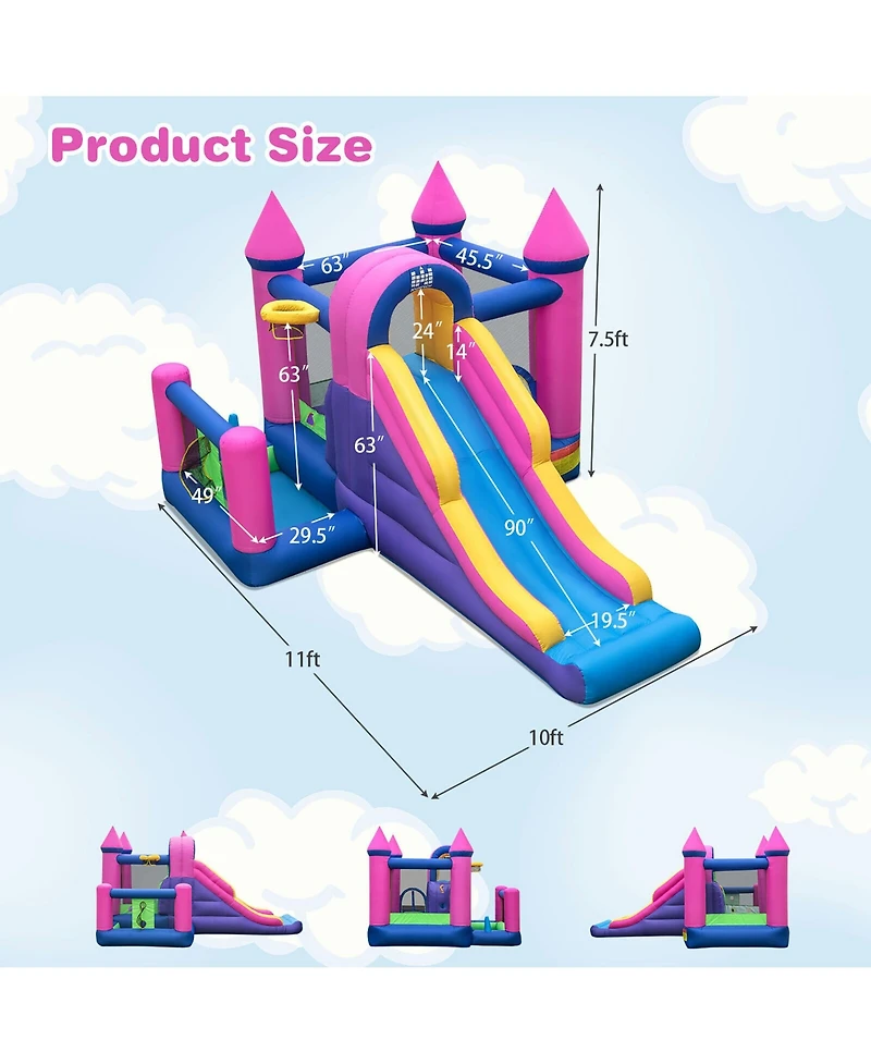 Gymax Kids Inflatable Bounce Castle 7-in-1 Jumping House with Long Slide and 735W Blower