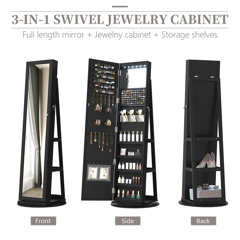 Vlsrka Rotatable full-length jewelry mirror cabinet with compartments and built-in Led lights.