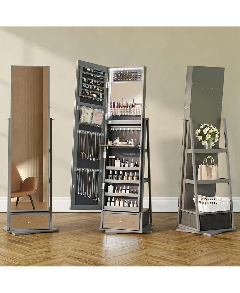 Vlsrka Jewelry freestanding storage mirror cabinet with shelves, built-in lights, and rotating feature.