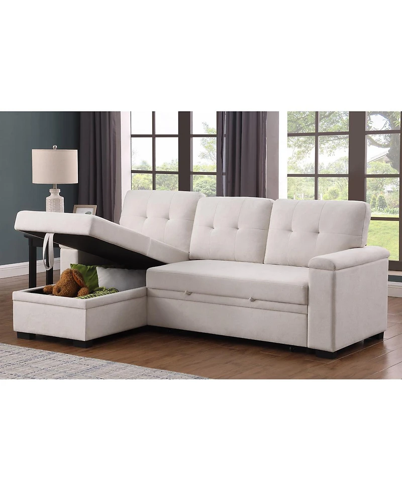 Homlux 84.5"W Beige Woven Fabric Reversible Sleeper Sectional Sofa with Storage Chaise