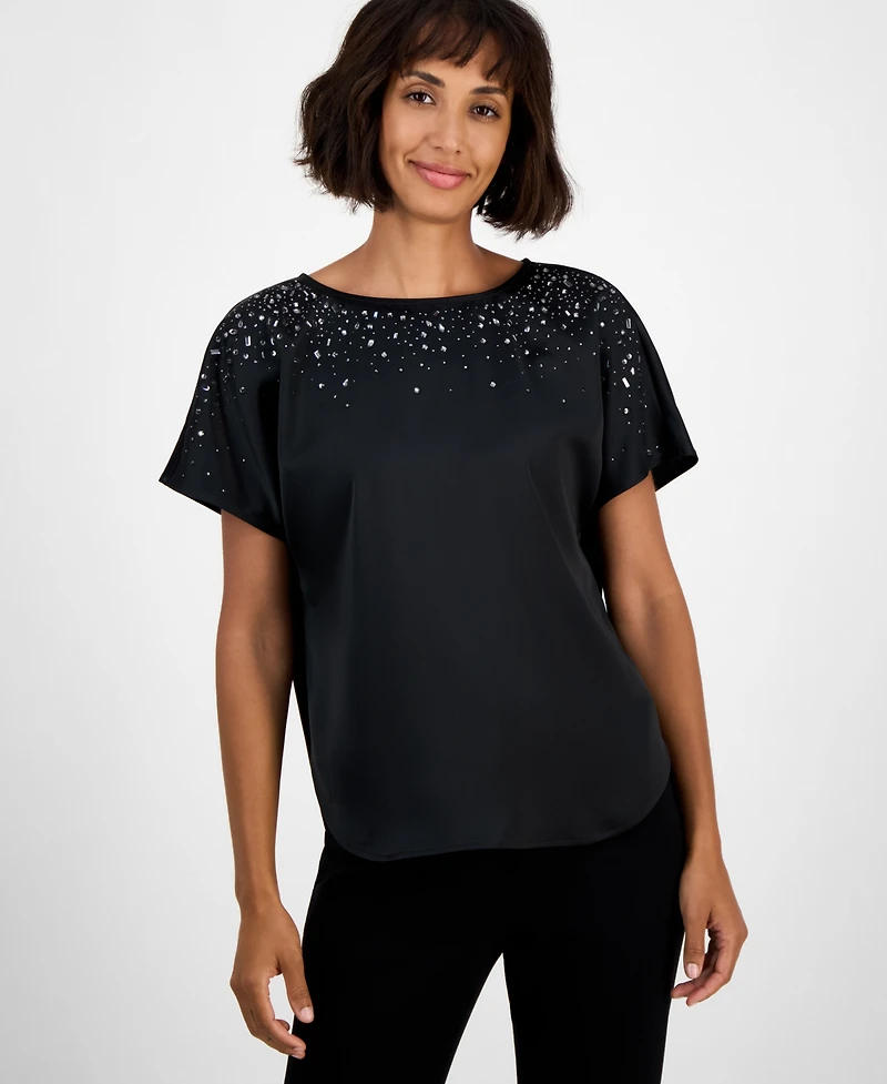 Anne Klein Women's Short-Sleeve Beaded Blouse