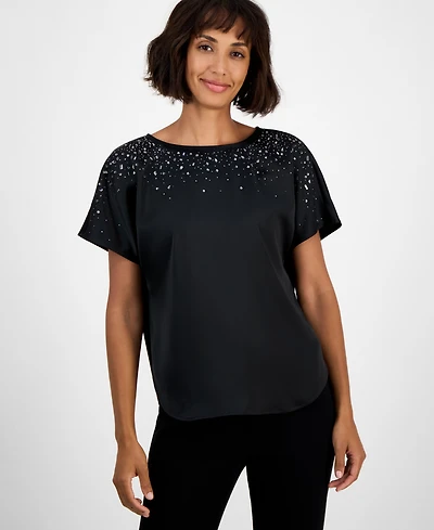 Anne Klein Women's Short-Sleeve Beaded Blouse