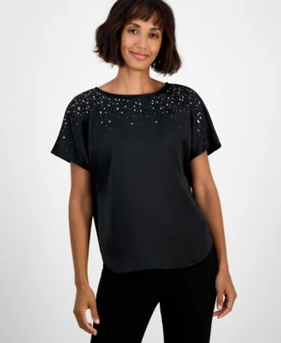 Anne Klein Womens Short Sleeve Beaded Blouse P Xxs Xxl