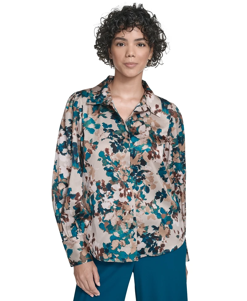 Calvin Klein Women's Printed Charmeuse Button-Front Blouse