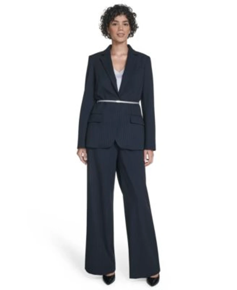 Calvin Klein Womens Pinstripe Belted One Button Jacket High Rise Wide Leg Pants