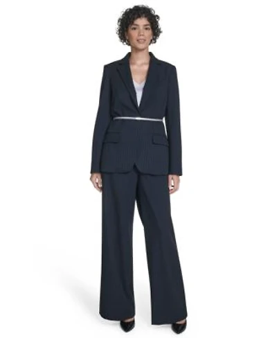 Calvin Klein Womens Pinstripe Belted One Button Jacket High Rise Wide Leg Pants