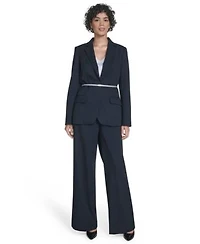 Calvin Klein Womens Pinstripe Belted One Button Jacket High Rise Wide Leg Pants