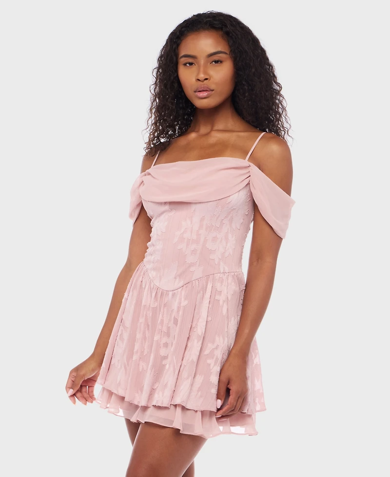 B Darlin Juniors' Cold-Shoulder Jacquard Fit & Flare Dress