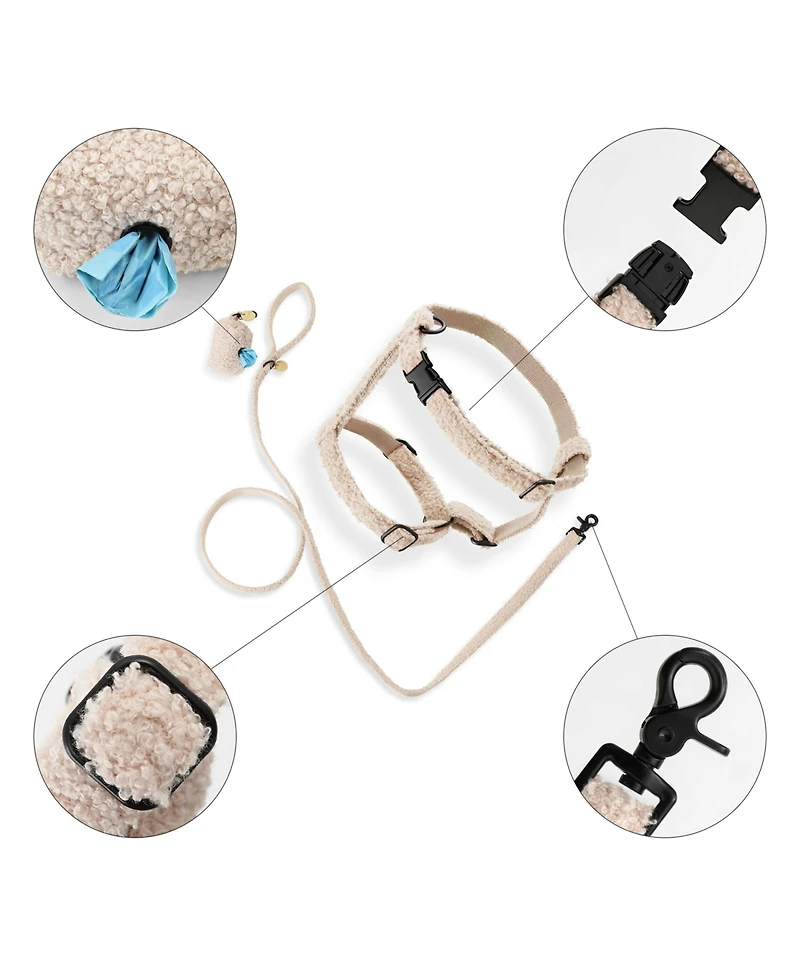 Teddy Boucle Adjustable H Harness Leash Walk Set with Poop Bag Pouch