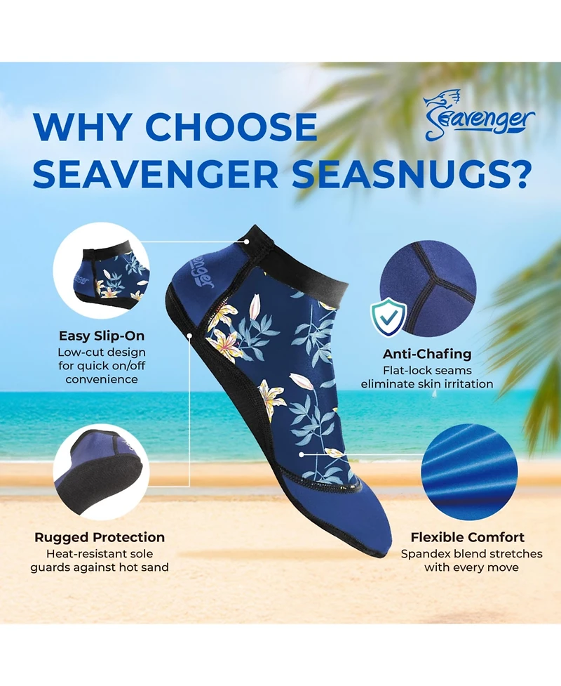 Seavenger SeaSnug Low Cut Beach Socks for All and Sand Activities - Dark Blue Floral / L