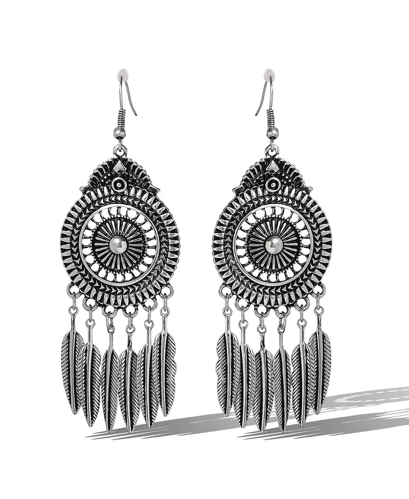 Jessica Simpson Boho Feather Statement Drop Earrings in Antique Silver