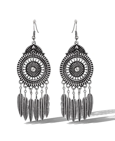 Jessica Simpson Boho Feather Statement Drop Earrings in Antique Silver