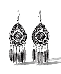 Jessica Simpson Boho Feather Statement Drop Earrings in Antique Silver