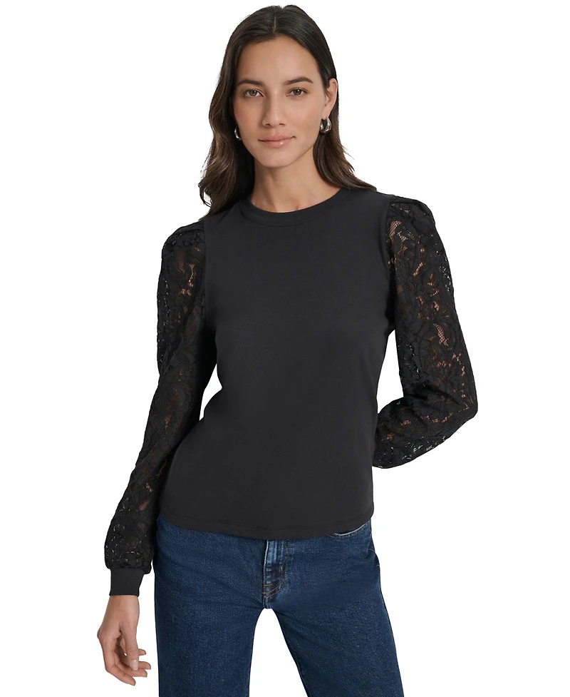 Dkny Jeans Women's Lace Puff-Sleeve Crewneck Top