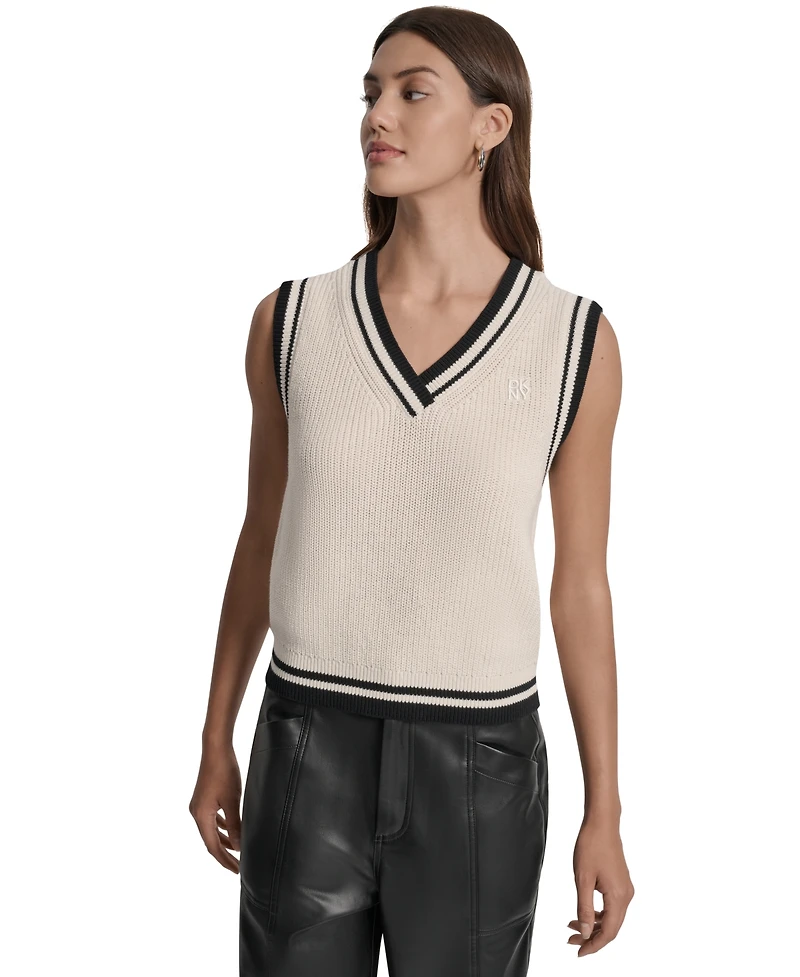 Dkny Jeans Women's Contrast Trim Cotton V-Neck Sleeveless Sweater
