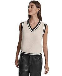 Dkny Jeans Women's Contrast Trim Cotton V-Neck Sleeveless Sweater