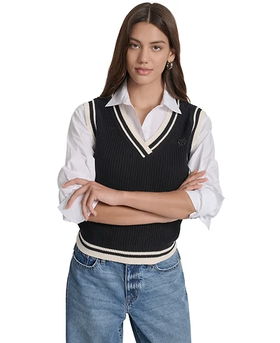 Dkny Jeans Women's Contrast Trim Cotton V-Neck Sleeveless Sweater