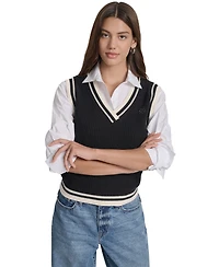 Dkny Jeans Women's Contrast Trim Cotton V-Neck Sleeveless Sweater