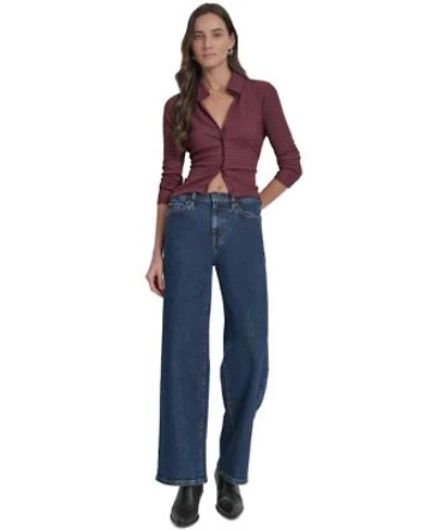 Dkny Jeans Womens Textured Collared Button Front Blouse High Rise Modern Wide Leg Jeans