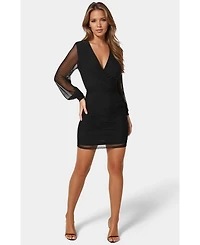 Bebe Women's Long Sleeve Faux Wrap Ruched Mini Dress