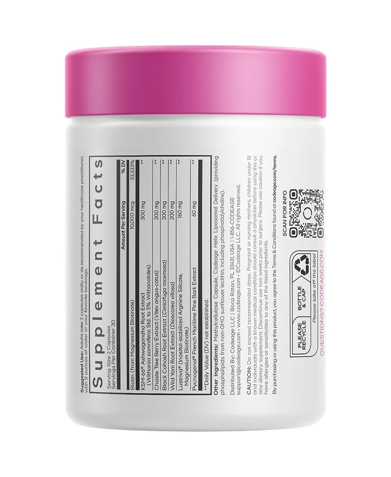Codeage Menopause Hair & Skin Vitamins Patented Lustriva, Pycnogenol, Ksm-66 Ashwagandha Hair Density Skin Perimenopause Support 60 Capsules