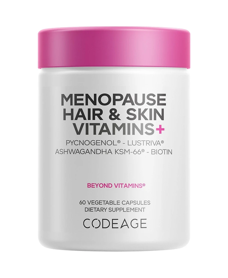Codeage Menopause Hair & Skin Vitamins Patented Lustriva, Pycnogenol, Ksm-66 Ashwagandha Hair Density Skin Perimenopause Support 60 Capsules