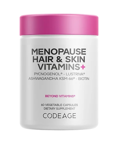 Codeage Menopause Hair & Skin Vitamins Patented Lustriva, Pycnogenol, Ksm-66 Ashwagandha Hair Density Skin Perimenopause Support 60 Capsules