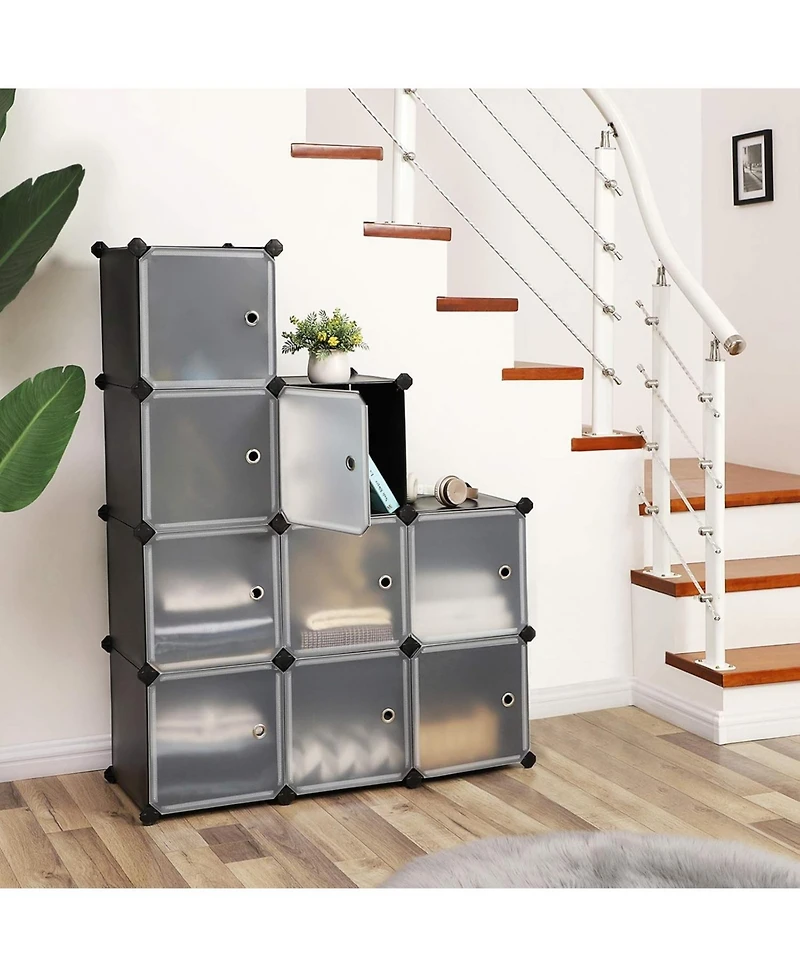 Songmics Home Modular Cube Storage Organizer, Set of 9 Plastic Cubes with Doors, Diy Closet Shelving Unit, Customizable Bookcase and Cabinet, Black an