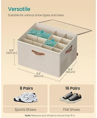 Songmics Home Closet Shoe Organizer – Fabric Storage Bin with Handles & Clear Lid, Holds Up to 16 Pairs, Adjustable Dividers, Cappuccino Beige