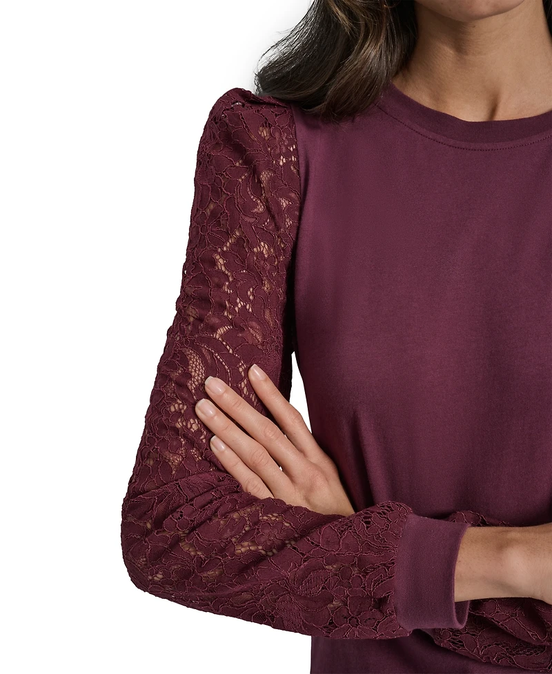 Dkny Jeans Women's Lace Puff-Sleeve Crewneck Top