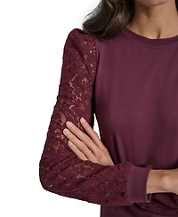 Dkny Jeans Women's Lace Puff-Sleeve Crewneck Top