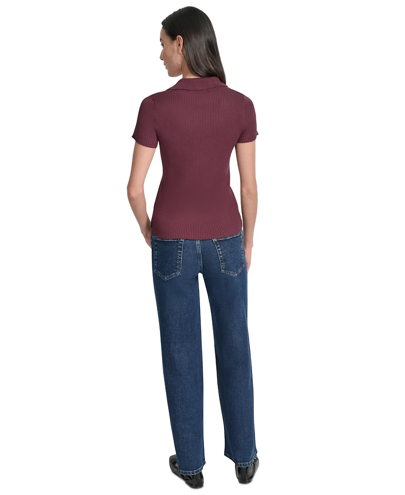 Dkny Jeans Womens Ribbed V-Neck Polo Sweater