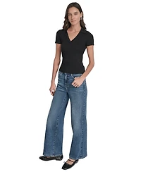 Dkny Jeans Womens Ribbed V-Neck Polo Sweater