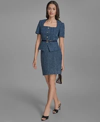 Bcbg Womens Cotton Tweed Belted Short Sleeve Jacket Cotton Tweed Mini Pencil Skirt
