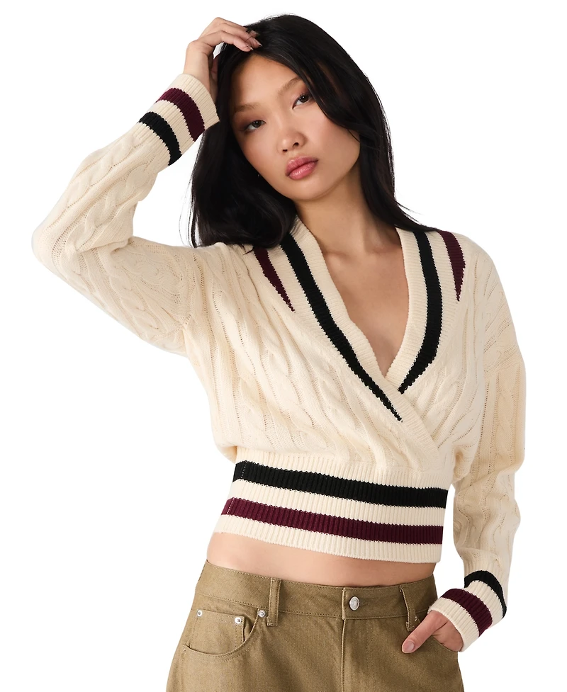 Steve Madden Women's Addison V-Neck Varsity Cable Sweater