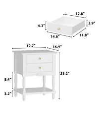 European style luxury white 2-drawer bedside table, bedroom nightstand, wooden end table